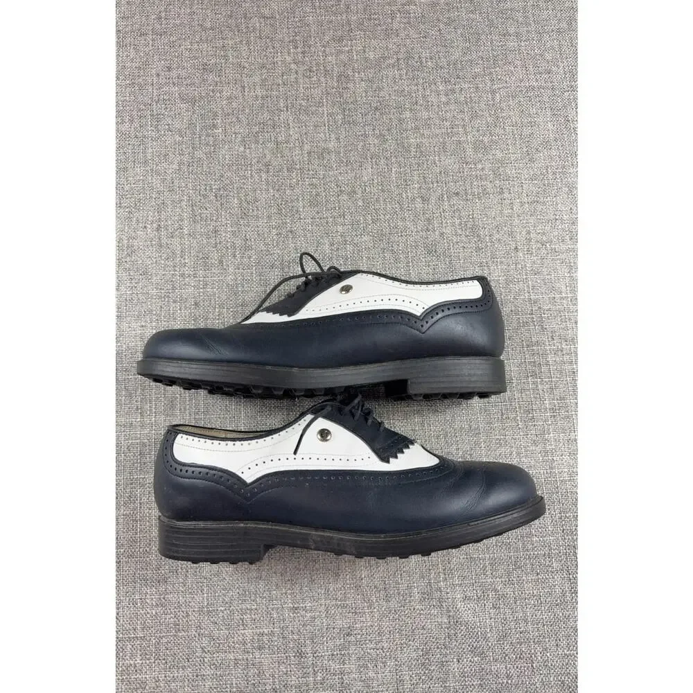 Vintage E-Z Step Golf Shoes 8.5 N Black White Leather Wingtip Made USA Brogue